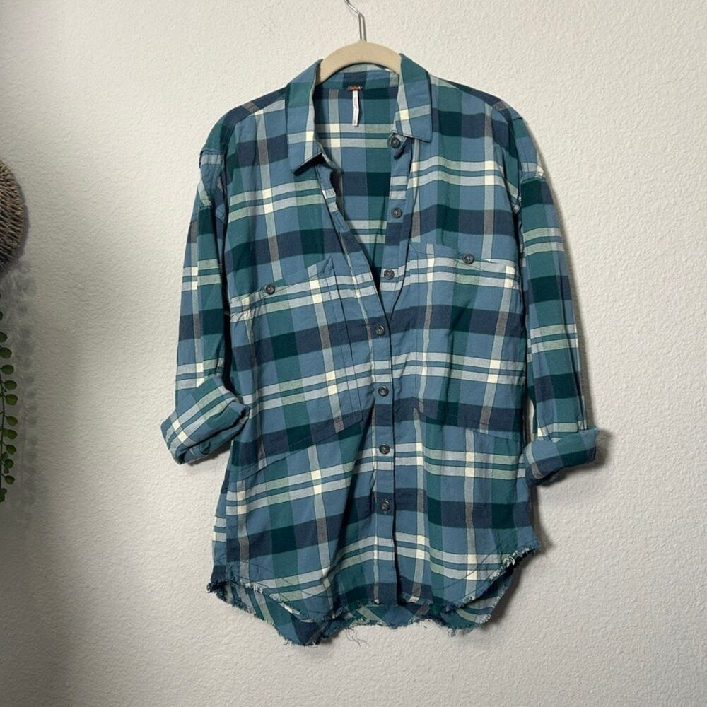 Free People Loveland Plaid Shirt Blue Raw Hem Oversize Size XS Button Up Boho - Picture 3 of 13